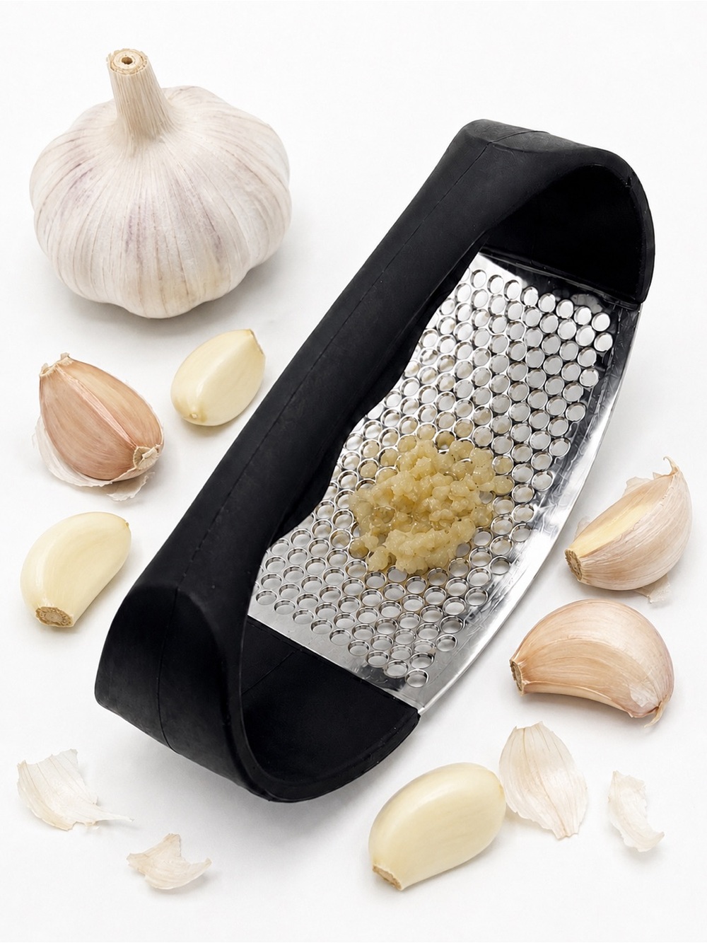 Garlic Press Grater with Black Silicone Handle - Premium Kitchen Tool